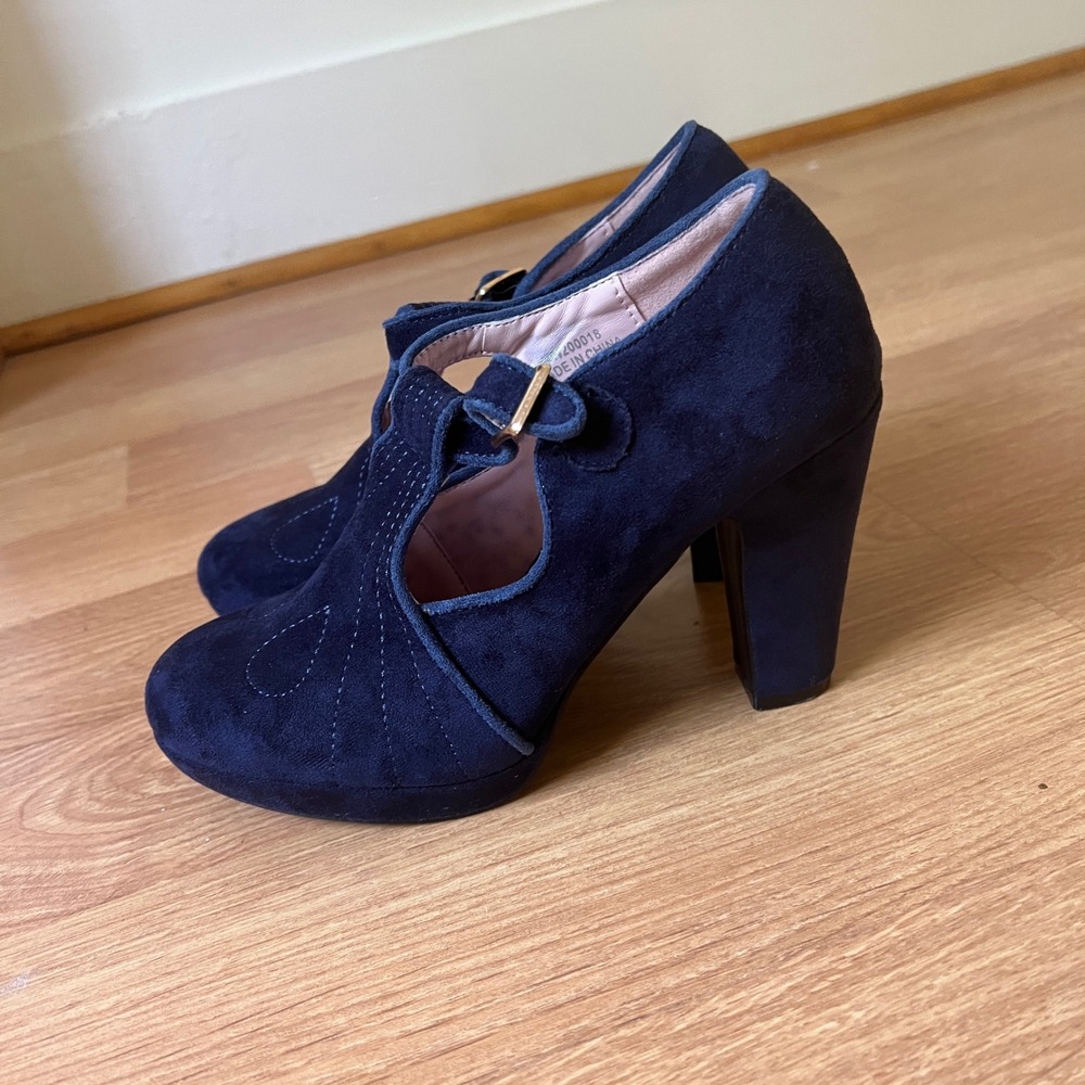 Lulu Hun Patricia T-Bar High Heel Size 7 Faux Suede Block 50s Retro Pin Up Pumps